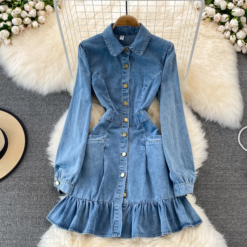

Autumn Shirt High Waist Ruffle Long Sleeve Vintage Dresses Women Clothes Sweet Mini Girl 2022 Spring Plus Size Denim Shirt Fashion Breasted Slim Mermaid Vestidos, Same as picture