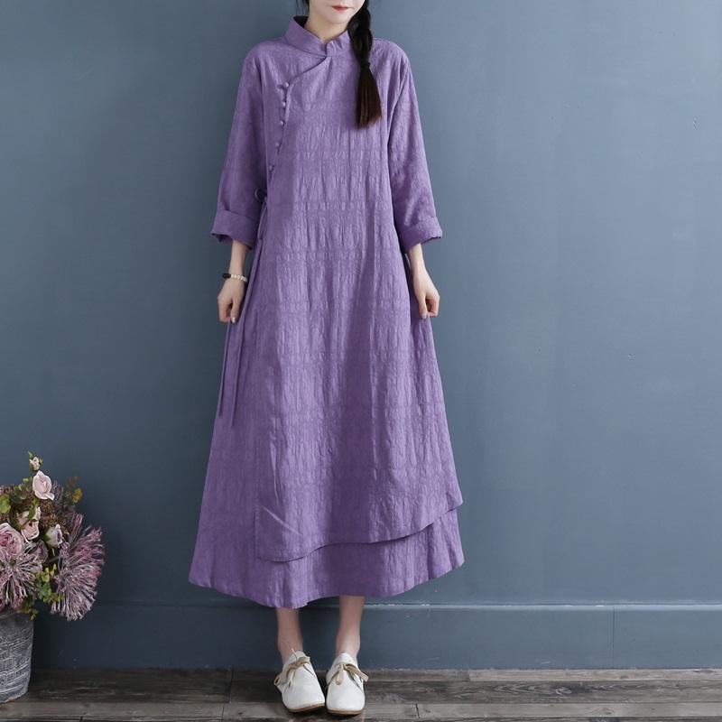 

Ethnic Clothing Spring Vintage Chinese Dress Qipao Solid Color Cotton Linen Robe Dresses Full Sleeve Stand Collar Women 31514Ethnic