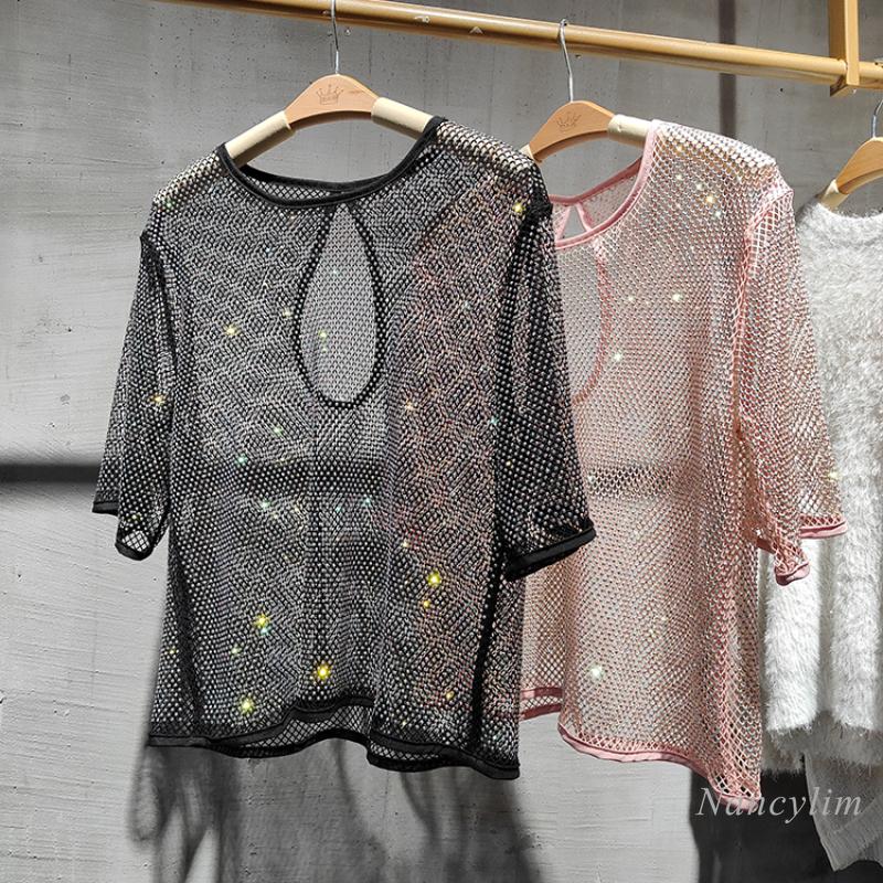 

Women's T-Shirt Shinny Rhinestone Bling Feeling Fishnet Mesh For Women Sexy See-through Outer Wear Short Diamond Performance TopWomen's, Pink