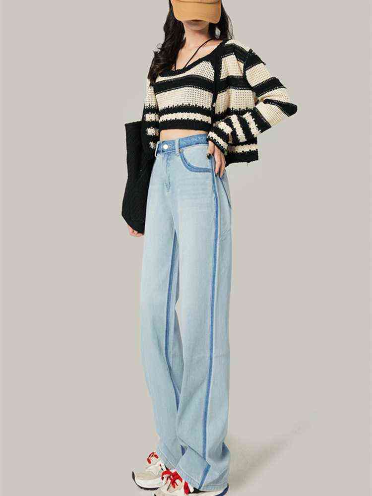 

Thin Straight Light Blue Jeans Women's Summer New High-waisted Loose Contrast Color Design Wide-leg Mopping Denim Pants Female T220728