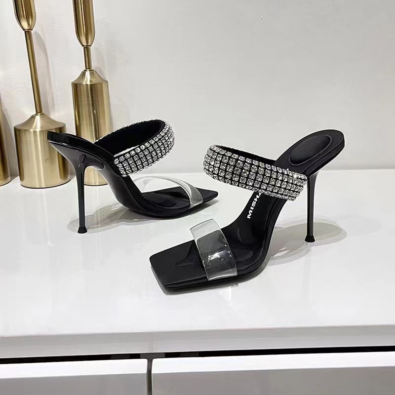 Rhinestone sandals OP15 Women's transparent word strap the new 2022 square toe crystal stiletto sexy black heels big fashion brands in Europe a