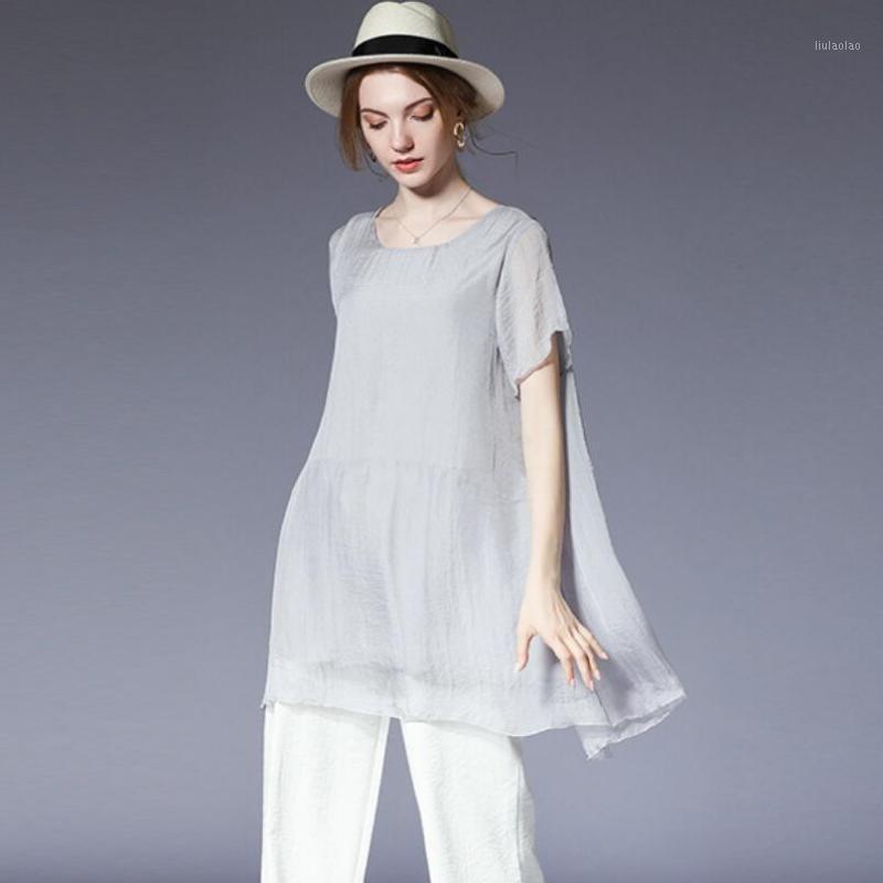 

Summer Fashion Blouse Women Round Collar Short Sleeve Solid Color Irregular Long Chiffon Casual Women's Blouses & Shirts, Gray