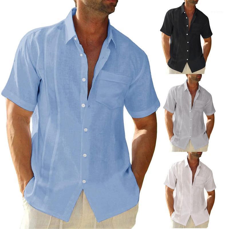 

Men's Casual Shirts Men Short Sleeve Cotton Linen Breathable Baggy Solid Color Chest Pocket Mens Pullover Tops Blouse D4