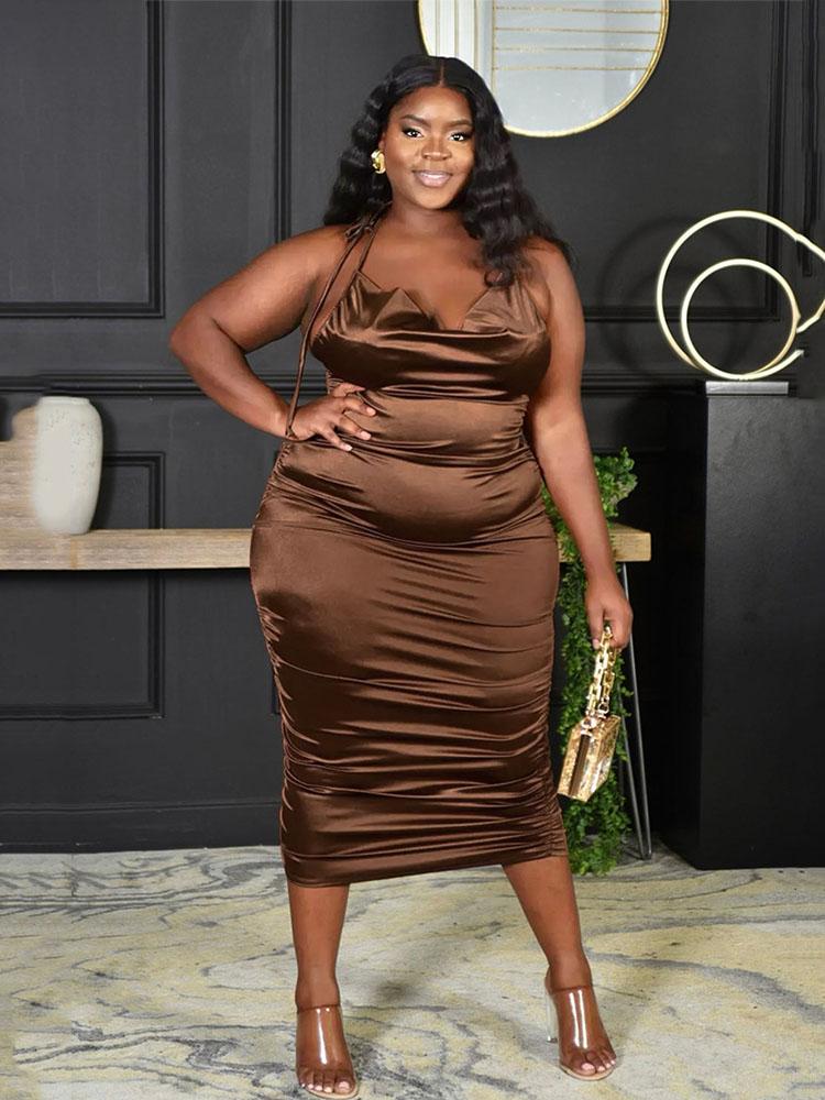

Plus Size Dresses Satin Dress Women Elegant Backless Halter Bodycon Club Wear Large Sexy Wholesale Bulk DropPlus, Pink