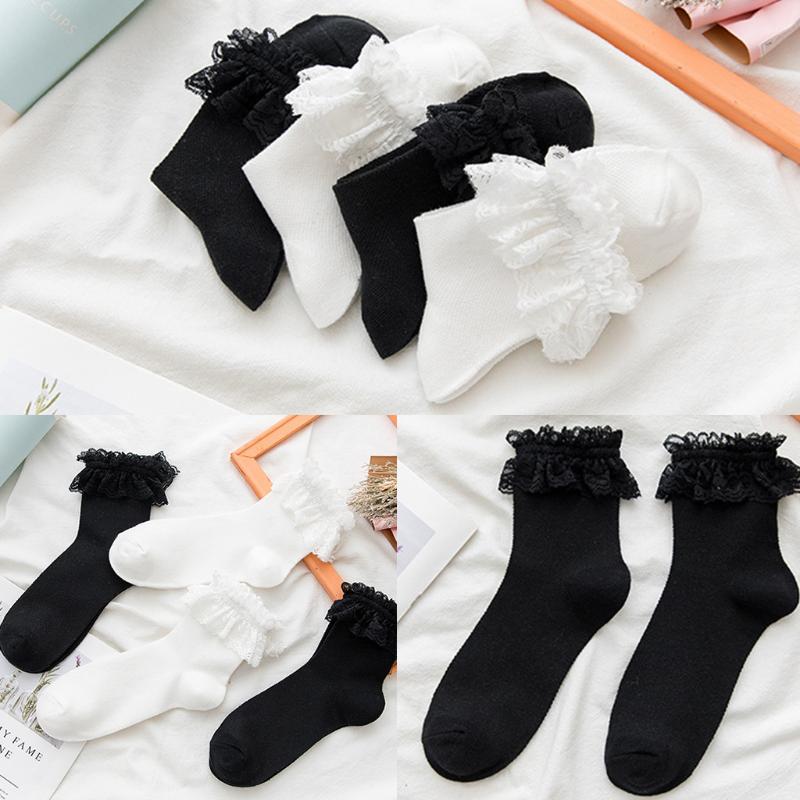 

Men's Socks Japanese Lolita Style Lovely Mesh Short Crew Harajuku Sweet Ruffled Lace Frilly Hollow Retro Cotton Mid Calf Hosiery Girls, Black