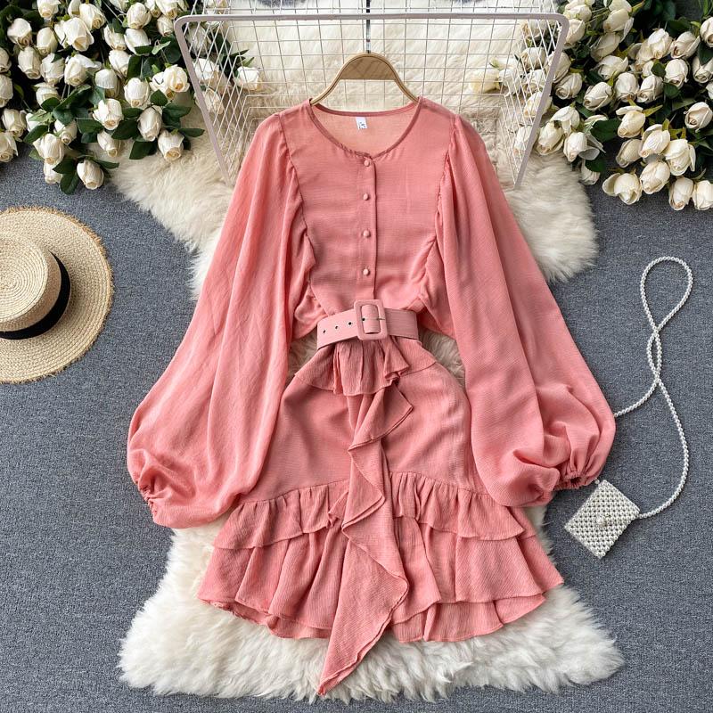 

Casual Dresses Fashion Blogger Retro Lantern Sleeves Ruffled Short Dress Belted Feminine Beach, Black;gray