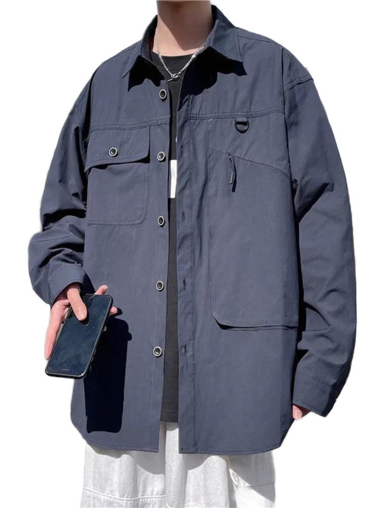 

Men's Dress Shirts Muti-Pockets Shirt Men Teens Spring Korean Trendy Loose Casual Top Fashion BF Breathable Handsome All-match Pockets Solid, Gray