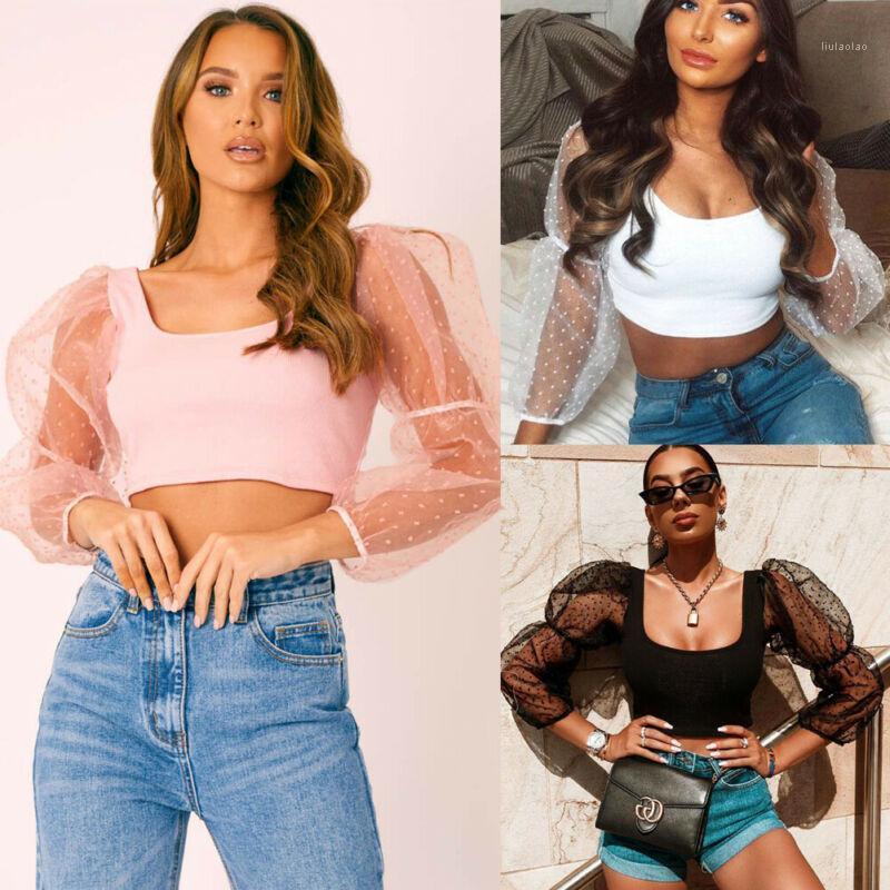 

Women' Blouses & Shirts Women Short Shirt Puff Sleeve Ruffle Crop Tops Sheer Mesh Off Shoulder Blouse Summer Top -XL, Black