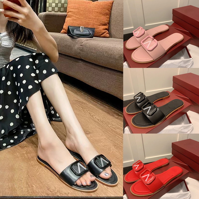 

Designer buckle Metal Outer Wear Slippers Casual Leather One Word Open Toe Flat Sandals Women 35-40, Color 2