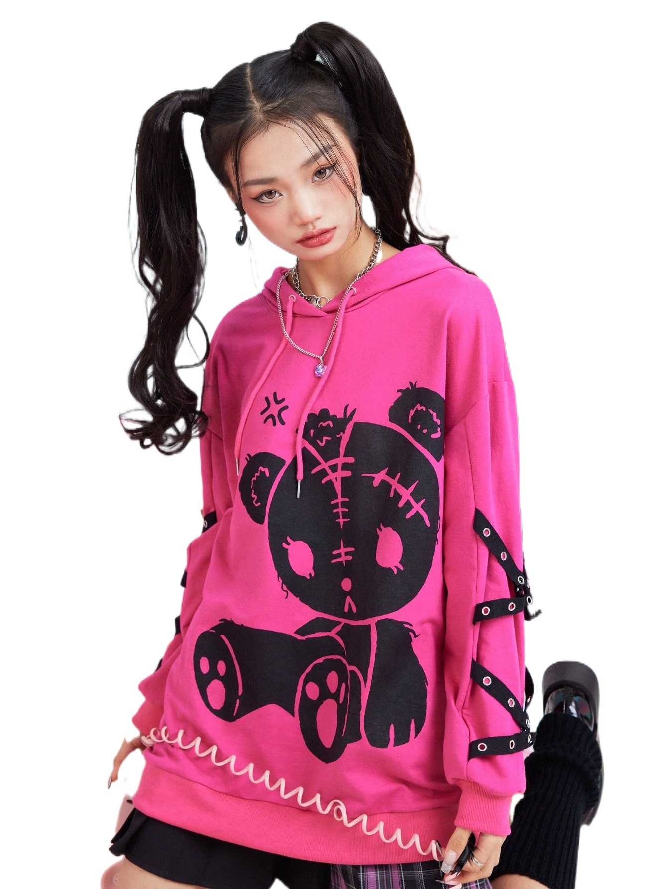 

romwe Bear Graphic Tape Sleeve Hoodie X6Hn#, Hot pink