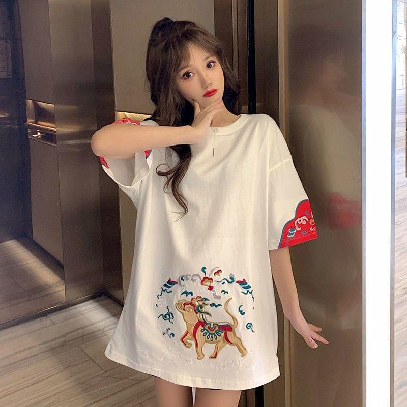 

Women's T-Shirt Women's T Shirt National Chinese Embroidered Couple Pure Cotton Loose Hiphop Short Sleeve ClothesWomen's, Black