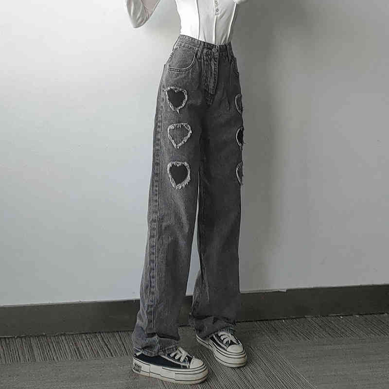 

Trendy women' 2022 new straight pants show thin high waist contrast color love rough edge design grey jeans, Gray