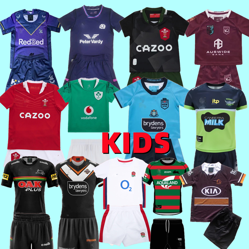 

22 23 Kids Kit with shorts England Wales Ireland Scotland Maru Rugby jerseys boys set Melbourne Broncos West tiger Rabbit Leopard home jersey child children suit 16-26