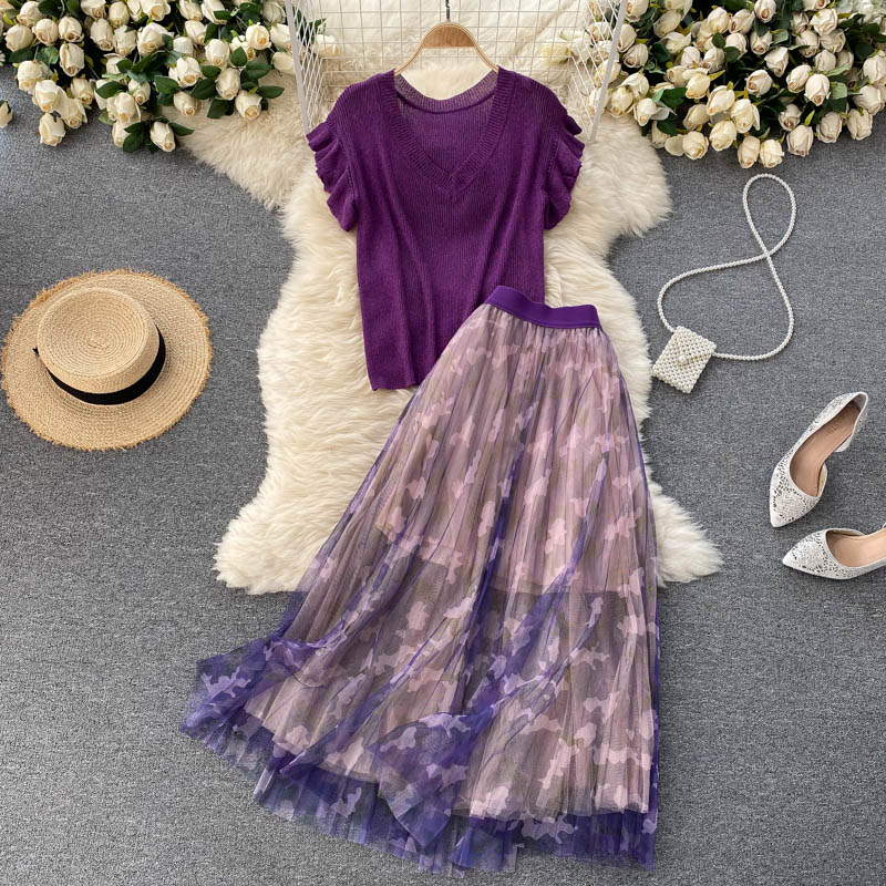 

New Summer Casual Two Piece Dress Set Women Lurex Butterfly Sleeve Knitted Sweater Pullover Top Long Midi A-line Skirt Suit 2022, Same as picture