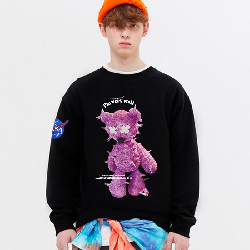 

Men's Hoodies & Sweatshirts Harajuku Style Bear Print Sweater Men's Clothes Tide Brand Loose Couple Round Neck Fleece Casual Jackets 202, 110046black-terry