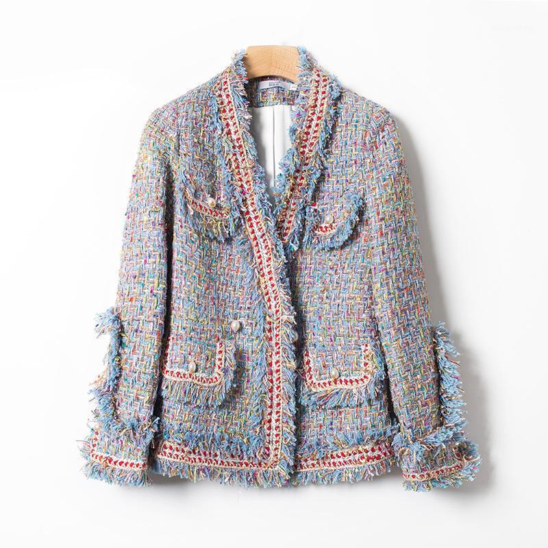 

Women' Jackets Color Gold Blue Small Fragrance Jacket Spring Large Size Temperament Retro Short Thin Tweed
