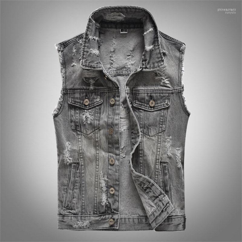 

Men's Vests Mens Denim Vest Spring Autumn Vintage Design Male Retor Sleeveless Jackets Men Ripped Hole Jean Waistcoats Clothing Y Phin22, Gray