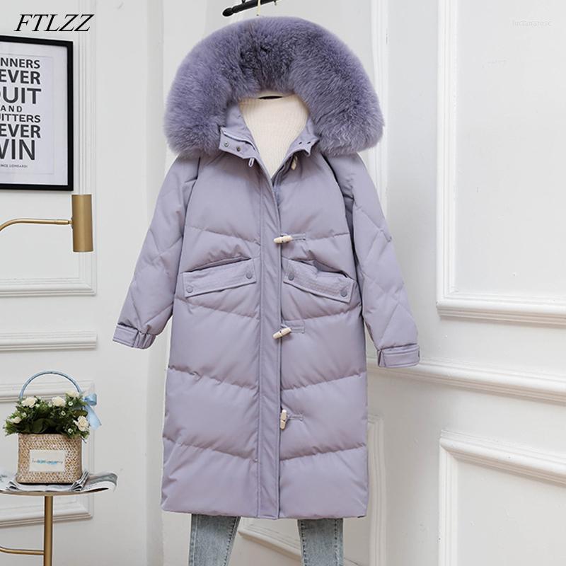 

Women' Down & Parkas FTLZZ Winter Real Fur Hooded Jacket Women Horn Button Zipper Long Snow Outwear Casual Loose Thick Warm Coat Luci22, Beige