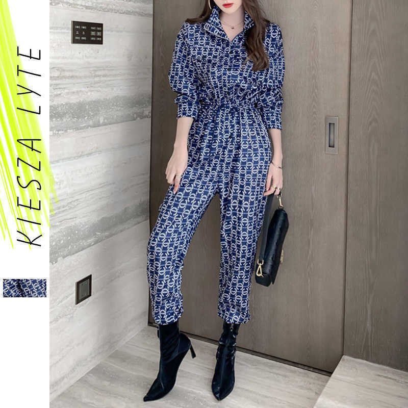 

Jumpsuit Women Casual Fashion Drawstring Satin Printed Long Overalls Jumpsuits for Womens Office Lady Romper 210608, Dark blue