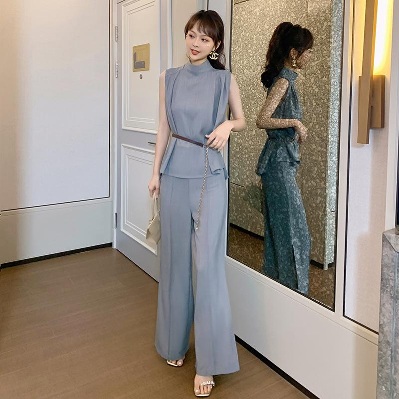 

Women' Two Piece Pants Wide Leg Pant Women Set Sleeveless Solid Autumn Casual Outfit Matching Homewear 2022 Office OL Modis, Gray