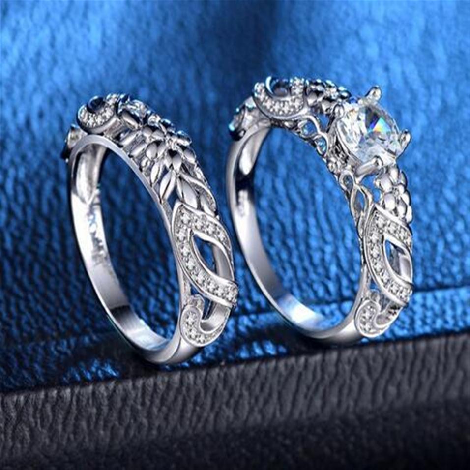 

European Chic Charm Flowers Zircon Women Rings Set Silver Color Anniversary Engagement Wedding Female Rings Jewelry Size 6-10262a