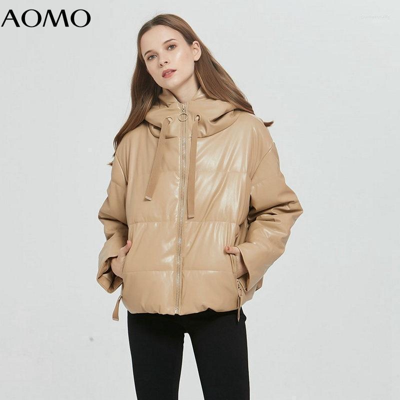 

Women' Down & Parkas AOMO 2022 Winter Women Khaki Fur Faux Leather Jacket Coat Oversized Zipper Female Thick Pu Hooded Overcoat 6A170-1A Gu, Black