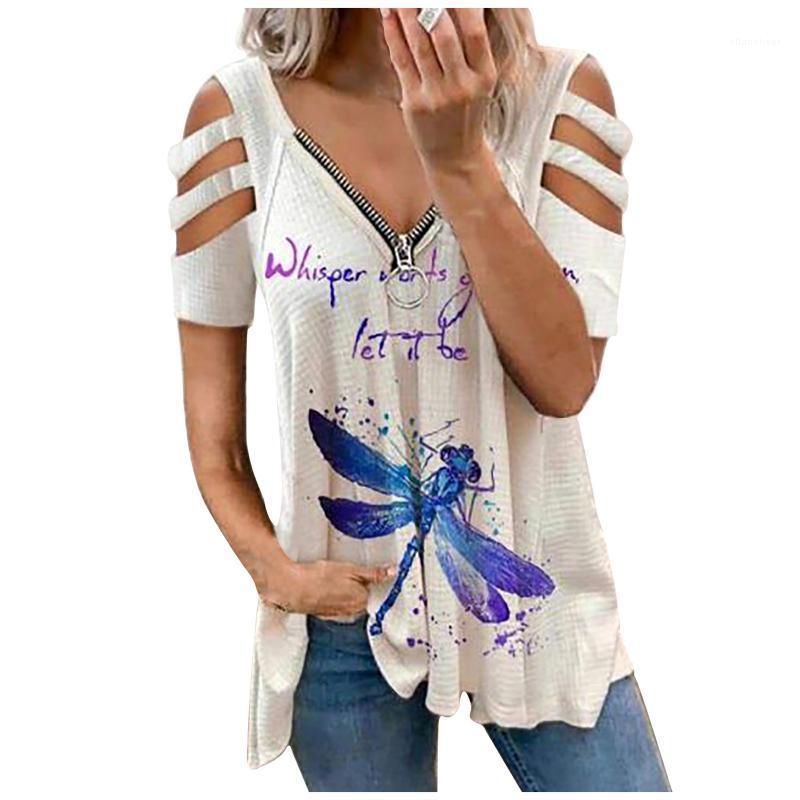 

Women's Blouses & Shirts Women Casual T-shirt 3d Print Zipper Sexy V-neck Hollow Short Sleeve Ladies Long Tank Top Funny Loose, Blue