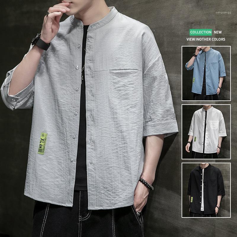 

Men' Casual Shirts 2022 Summer Linen Shirt Quarter Sleeve Fashion Brand Loose Thin Ice Inch, Black