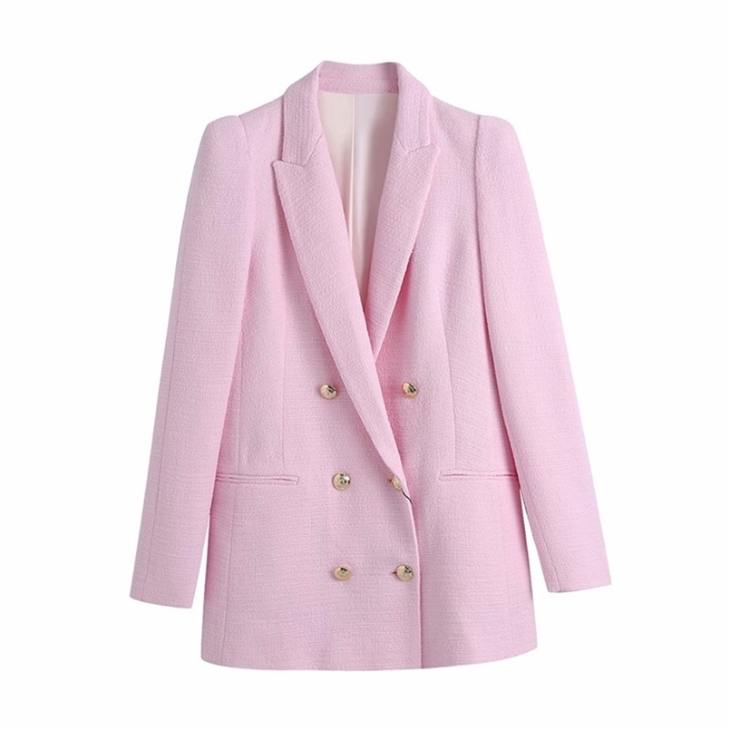 

Evfer Spring Autumn Fashion Girl Double Breasted Za Pink Long Blazer Outwear Women Stylish Long Sleeve Slim Woolen Jackets Chic 220402