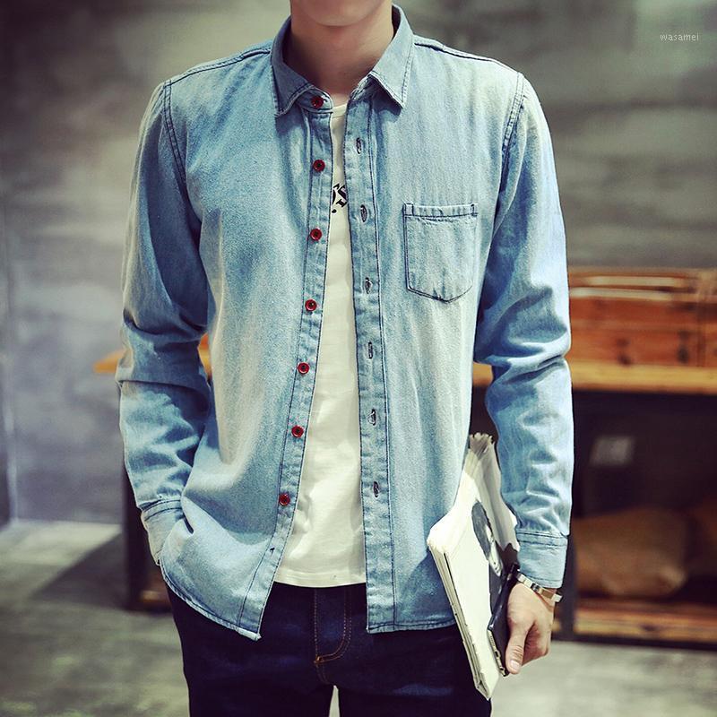 

Casual Denim Shirt Men Long Sleeve Light Blue Fashion Youth Slim Cotton Men's Shirts, Sky blue