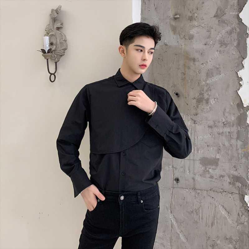 

Men' Casual Shirts Superposition Irregular Patchwork Long Sleeve Black Shirt Japanese Street Style Niche Design