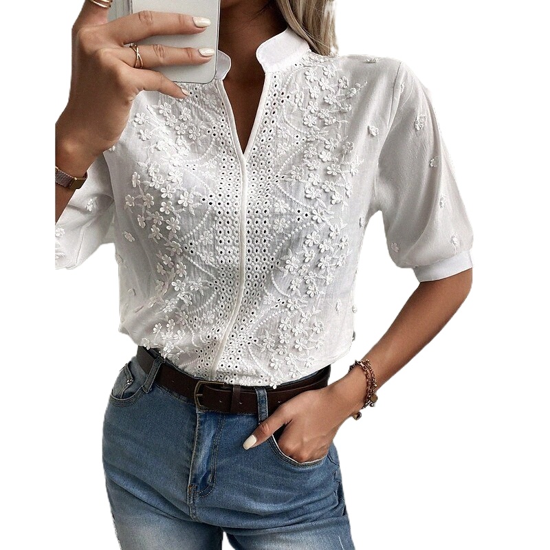chemisier à thème floral pour femmes chemise de chemisier floral coupé debout streetwear décontracté en tête blanc 24pl # #