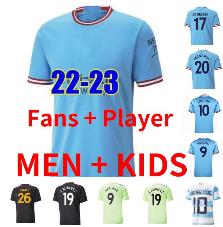 

22 23 HAALAND SOCCER JERSEYS GREALISH ALVAREZ MANS CITIES MAHREZ RODRIGO fans player version DE BRUYNE FODEN BERNARDO 2022 2023 football tops shirt kids kit Boys, 2023 men away patch