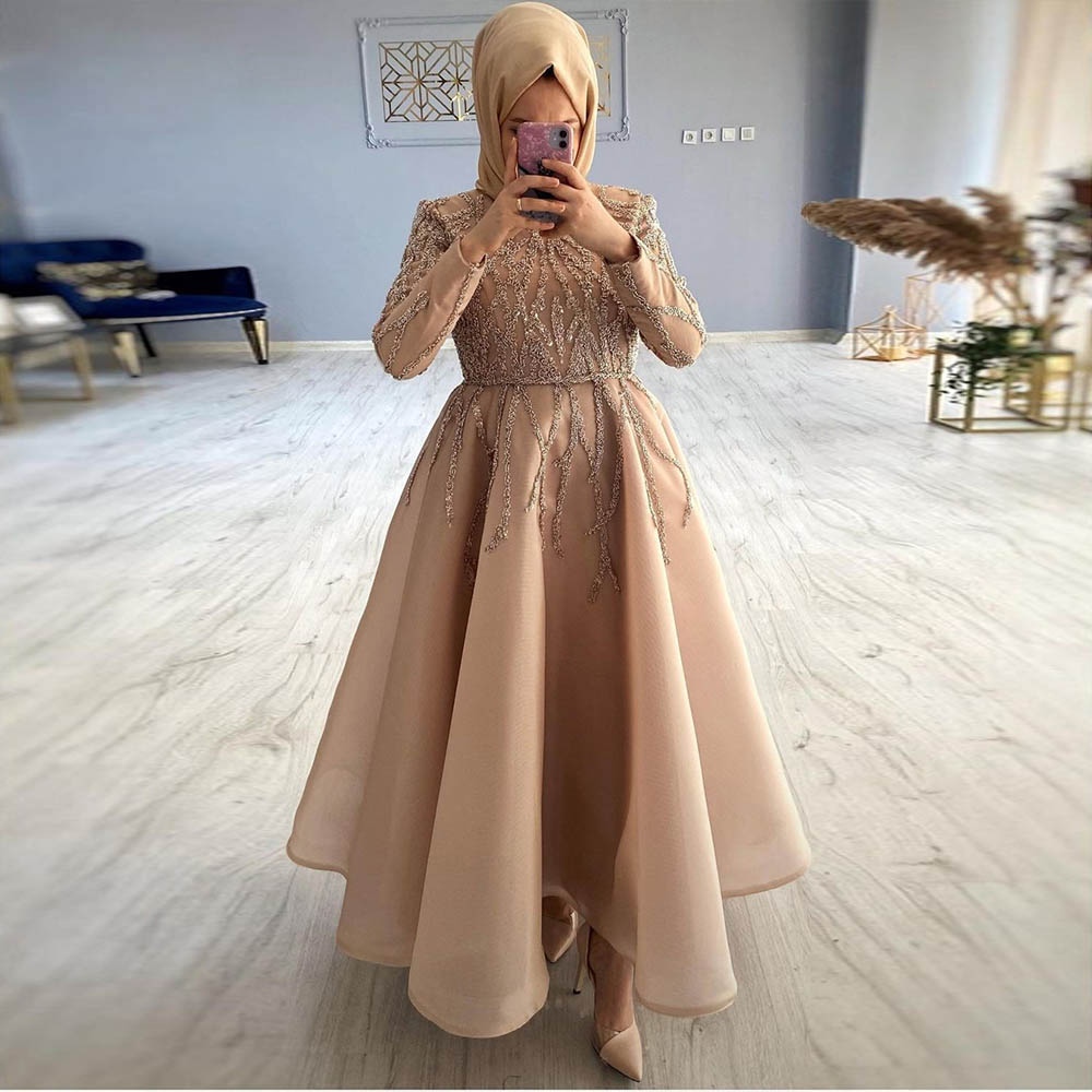 

Champagne Beading Muslim Prom Dresses High Neck Long Sleeve Organza Formal evening Gown Ruffles Skirt Ankle Length Robe Saudi Arabia, Light yellow