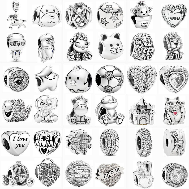 925 Sterling Silver Charms New Silver Color Lucky Cat Feather Owl Castle DIY Beads Original Fit Bracelet Jewelry Making DIY Gift