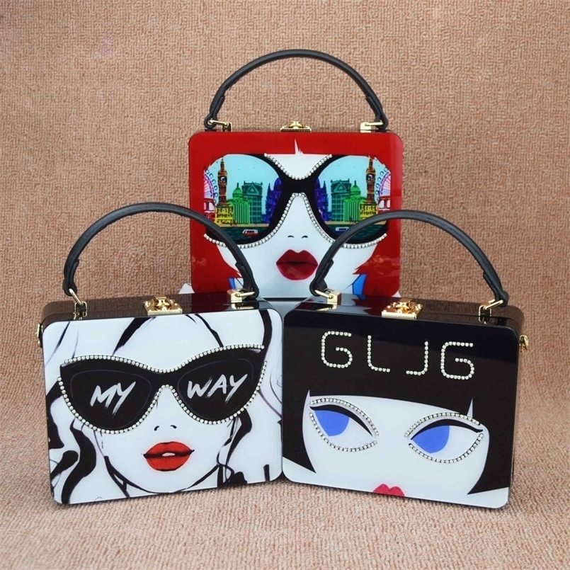 

Fashion girl glasses Acrylic Mini Tote My Way Letter Box Shoulder Black Flap Strap Female Messenger Bags 220616