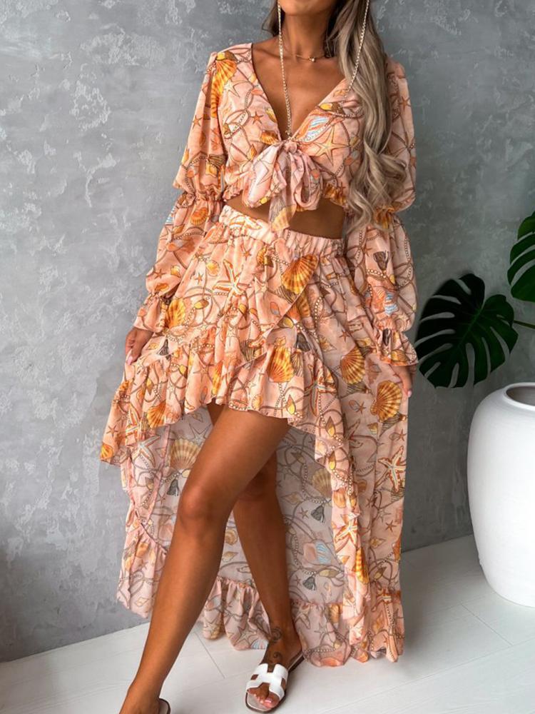 

Work Dresses Women Elegant Irregular Skirt Suit Casual Long Sleeve Bow Lace Up Tops & Elastic Waist Outfits Vintage Print Two Piece SetW, 04 print