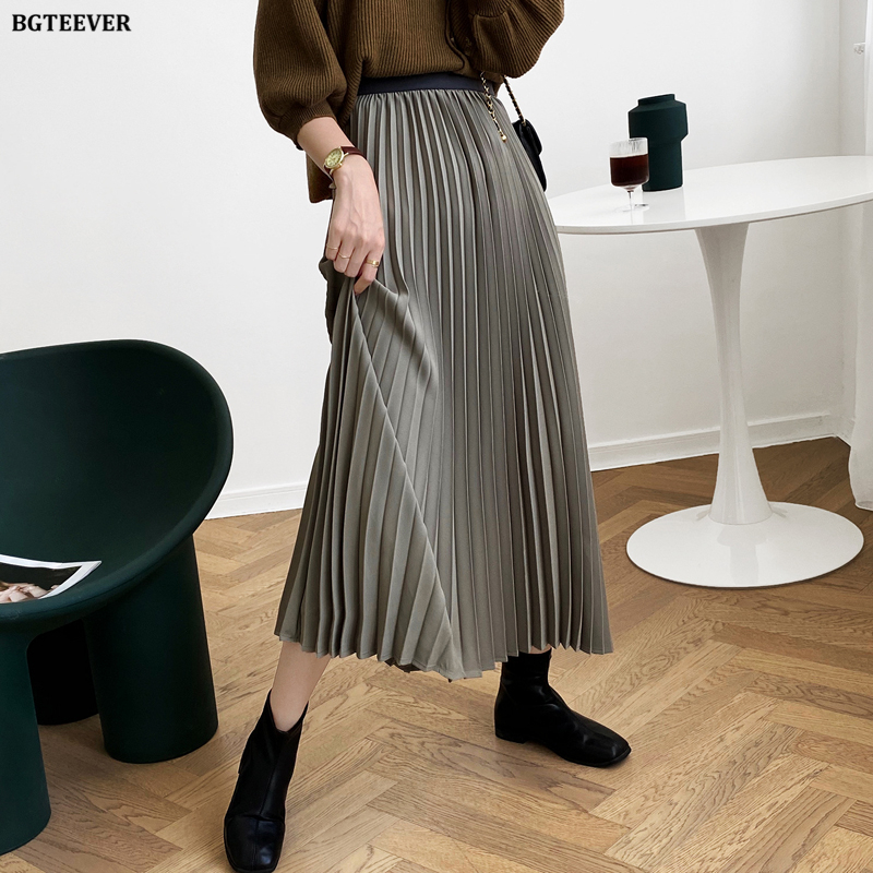 

Elastic High Waist Women Midi Skirts 2021 Spring Summer Solid A-line Skirts Femme Elegant Loose Female Pleated Skirts, Cream