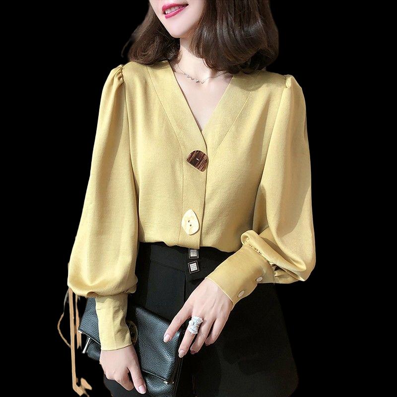 

Women's Blouses & Shirts Elegant Vintage Lantern Long Sleeve Chiffon Shirt Women's Clothing 2022 Spring Office Lady V-Neck Casual Loose, Apricot