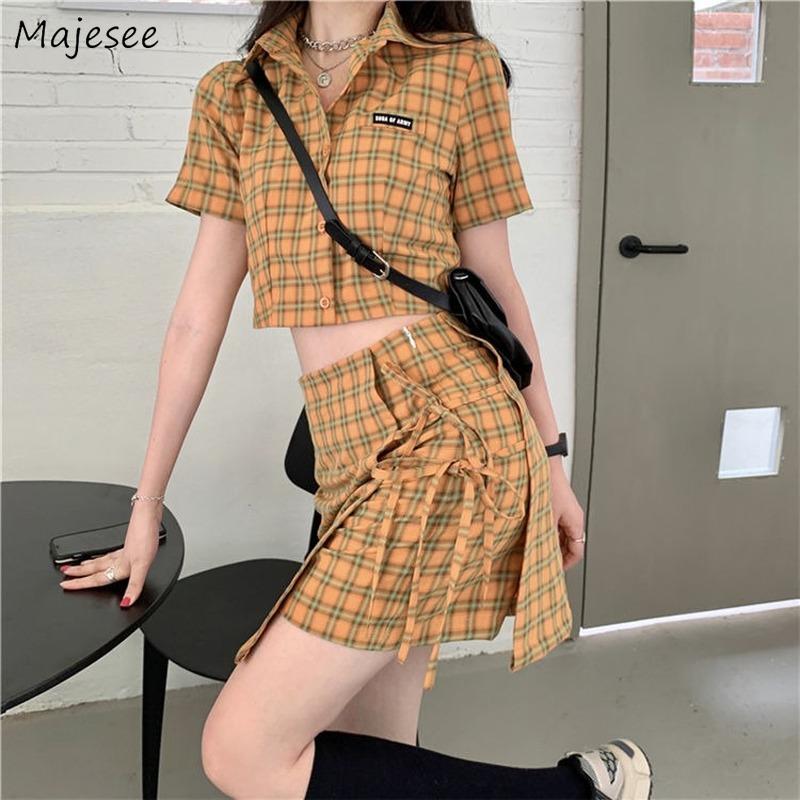 

Work Dresses Plaid Women Sets 2 Pieces Retro High-street Preppy Style Single Breasted Crop Tops Designer High-waist Skirts Trendy Sexy Femme, Yellow sets