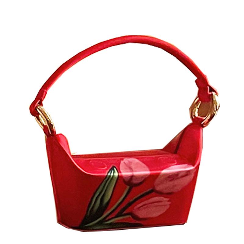 

Evening Bags Female Trend Ethnic Style Personality Vintage Tulip Flower Handle Bag Shoulder Underarm Clutch HandbagEvening, Red