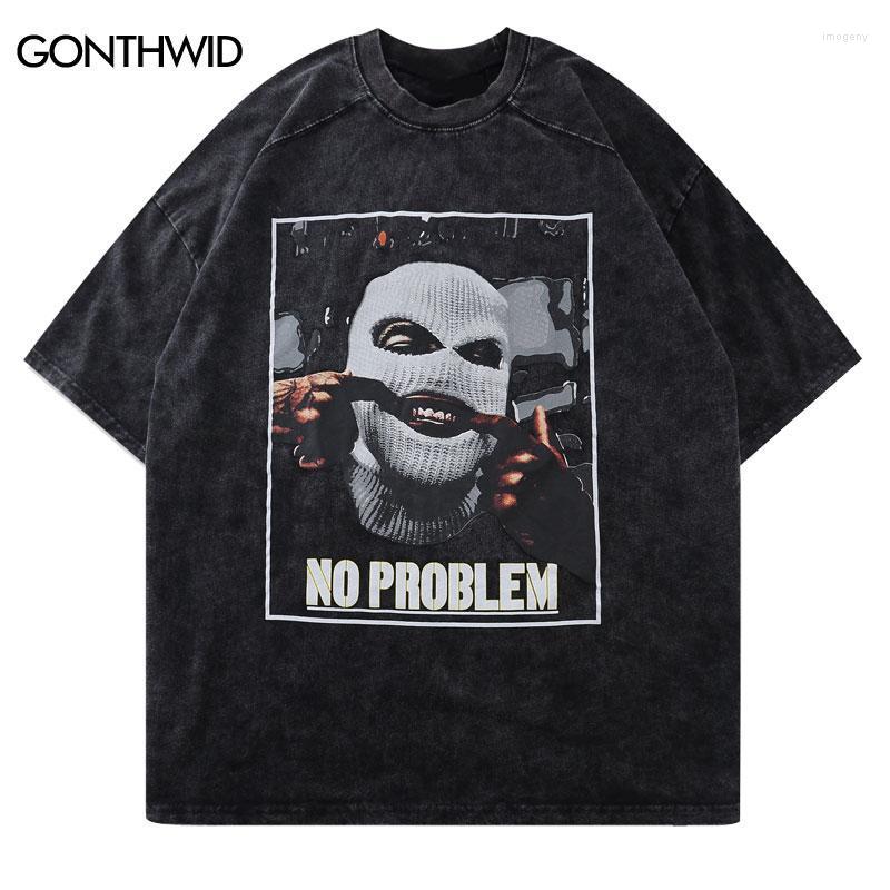 

Men's T-Shirts Oversized Distressed Tshirt Streetwear Hip Hop Mask Letter Print T-Shirt Summer Harajuku Vintage Casual Short Sleeve Tee Shir, Black