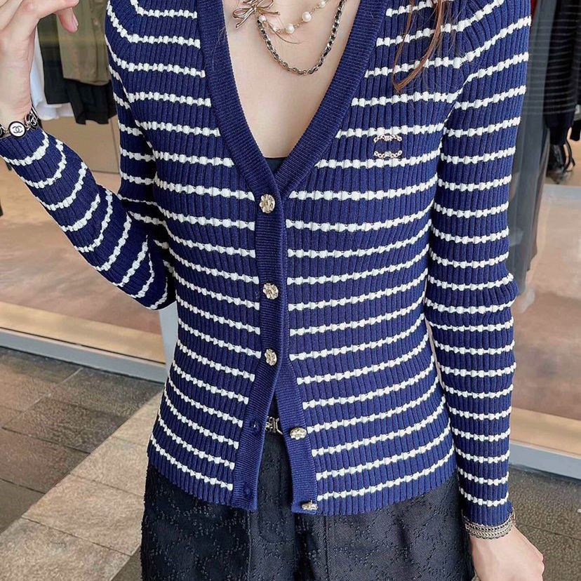 2022 Womens T-Shirt Fashion Overdyed Top Knits Clothes Women Clothing Designer Knitted Long Sleeve Striped Wavy Cardigan Size S-XL Blue