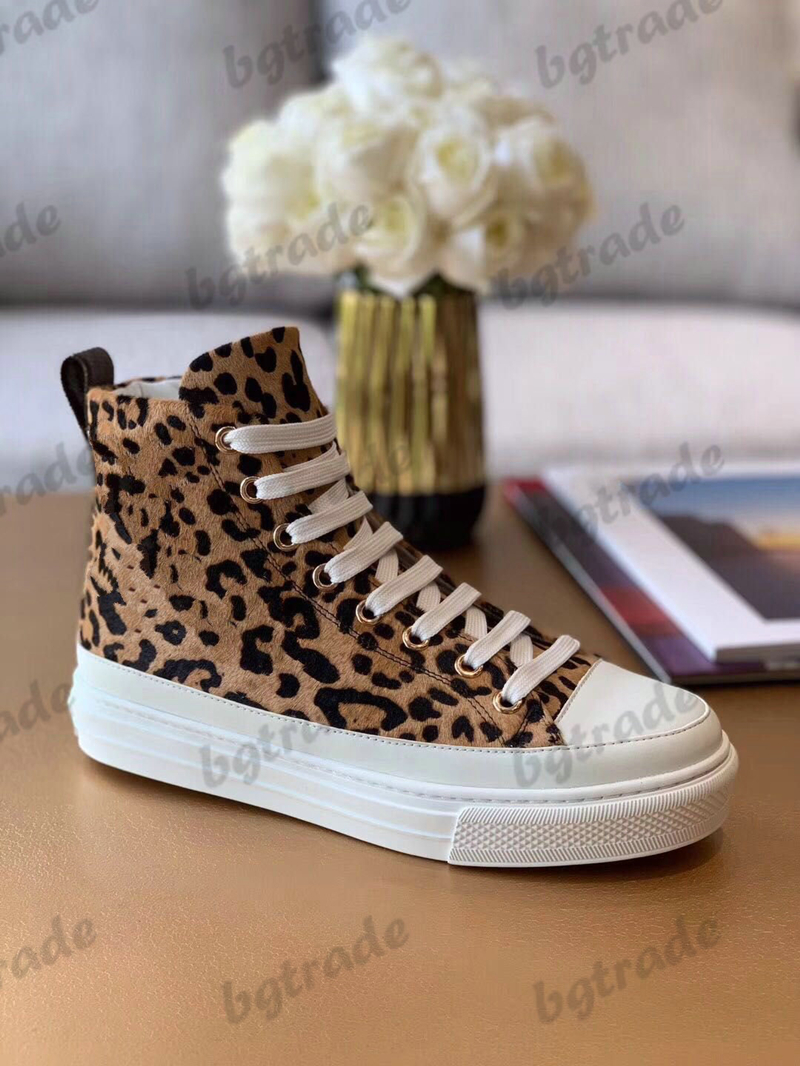 

FRONTROW High Top Designer Running Shoes For Men Women Calfskin Leather Flat Sneakers Fashion Leopard grain Runner Trainers Quality White Lace-up Casual Shoe