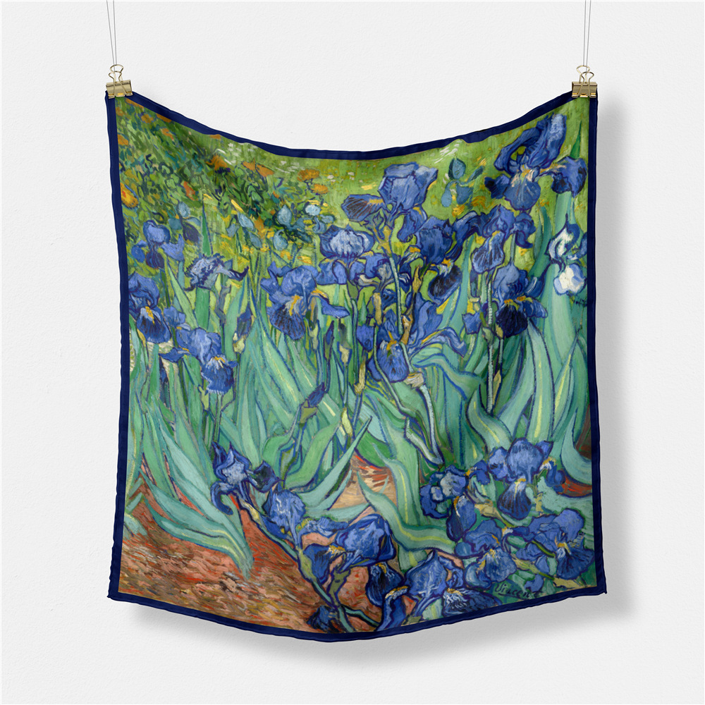 

53cm Van Gogh Oil Painting Irises Twill 100% Silk Scarf Women Square Scarves Shawls Foulard Bandana Hair Scarf