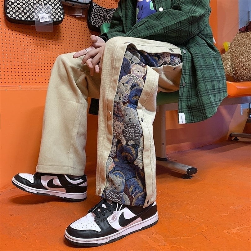 

Hybskr Button Cartoon Printing Men Pants Straight High Street Trousers Trend Loose Casual Bear Streetwear Hip Hop Male Pants 220521, Lightkhaki