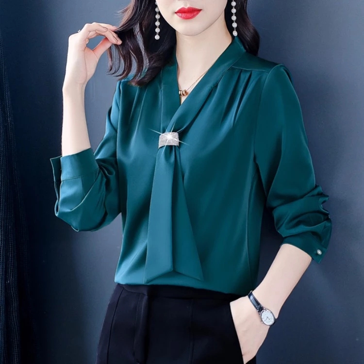 

Red Satin Silk Blouse Spring Autumn Women Fashion Diamonds Tie V-Neck Long Sleeve Loose Blue Shirt Office Lady Business Work Blouse