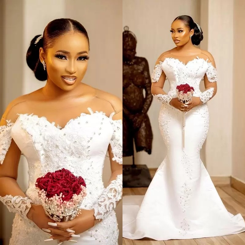

2022 Plus Size Arabic Aso Ebi Mermaid Lace Beaded Wedding Dress Sheer Neck Long Sleeves Satin Sexy Vintage Bridal Dresses Gowns B0518206, Champagne