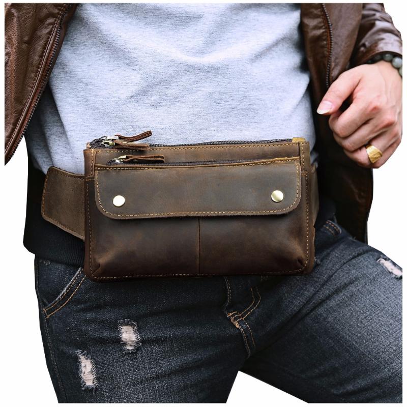 

Waist Bags Quality Leather Men Casual Design Belt Bag Chest Pack Fashion Cowhide Travel 7" Phone Cigarette Case Pouch Male 8136-dWaist, Black