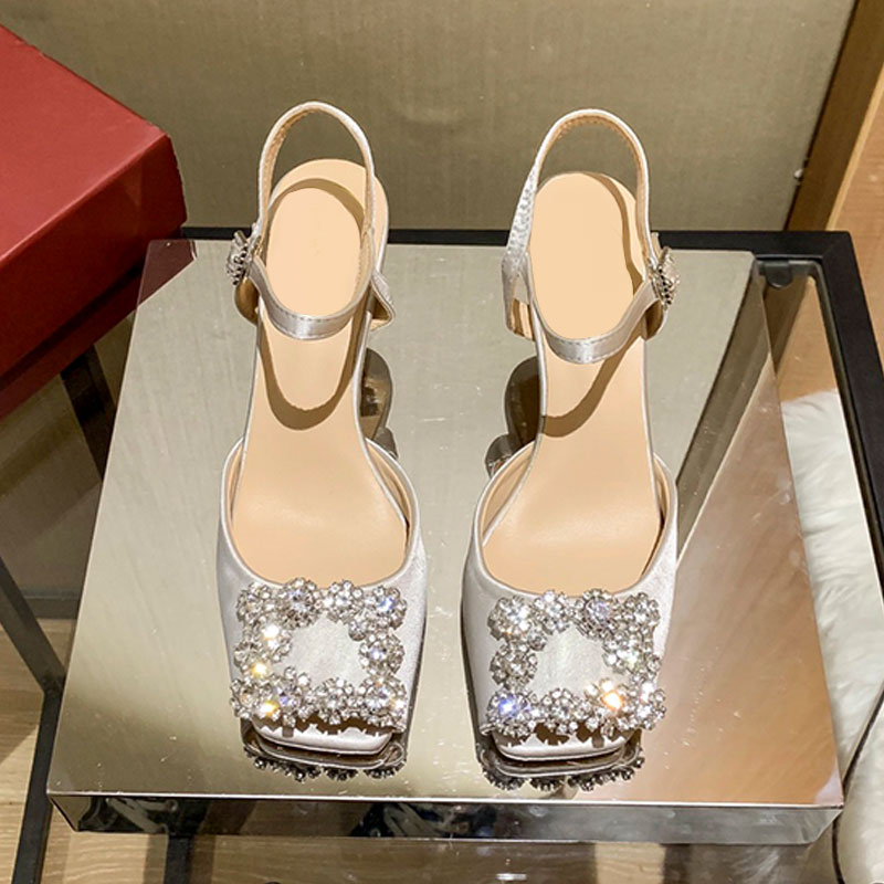 

Woman slippers Sandal Shiny Rhinestone High Heel Square Toe Buckle Womens Shoe Thin Heel Slides Multiple Colors Elegant Temperament Party Wedding Val, Black